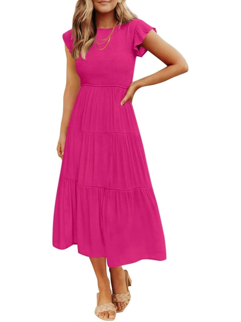Women's Rose Summer Casual Midi Dress Boho Flutter Sleeve Crew Neck Smocked